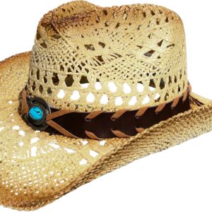 Western Outback Cowboy Hat Men's Women's Style Straw Felt Canvas (Western Blue Bead)