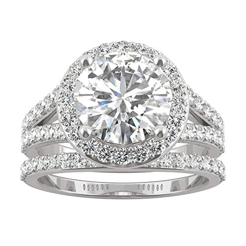 Charles & Colvard Created Moissanite 9mm Round Cut Wedding Ring Set for Women | 3.69 cttw DEW | Lab Grown | Solid 14K White Gold with Rhodium | Size 9