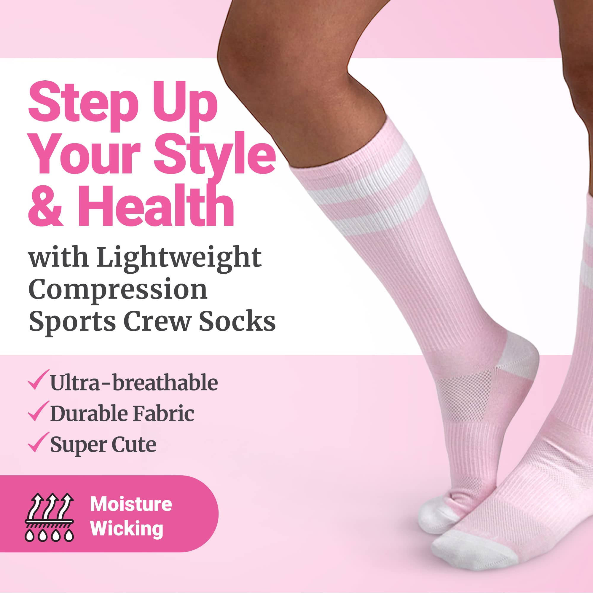 Love Classic, Pink, Medium-Large, Light Weight Compression Athletic Crew Socks for Women