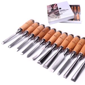 atoplee 12pcs wood carving chisel set for woodworking, professional wood gouge tools with box and roll up bags for carpenter craftsman gift in most wood carving project