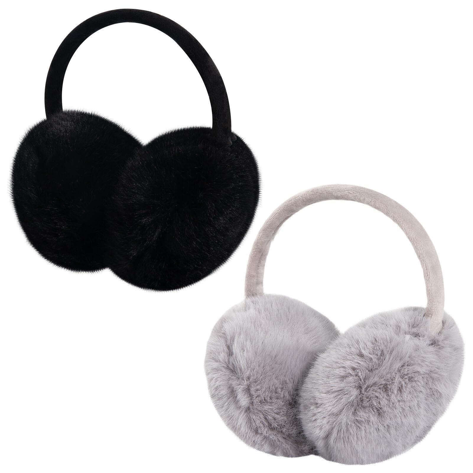 MADHOLLY 2 Pack Upgraded Adjustable Faux Fur Earmuffs- Soft Warm Ear Muffs for Winter Women Men- Ear Covers Ear Warmers for Most Adults (Black & Gray)