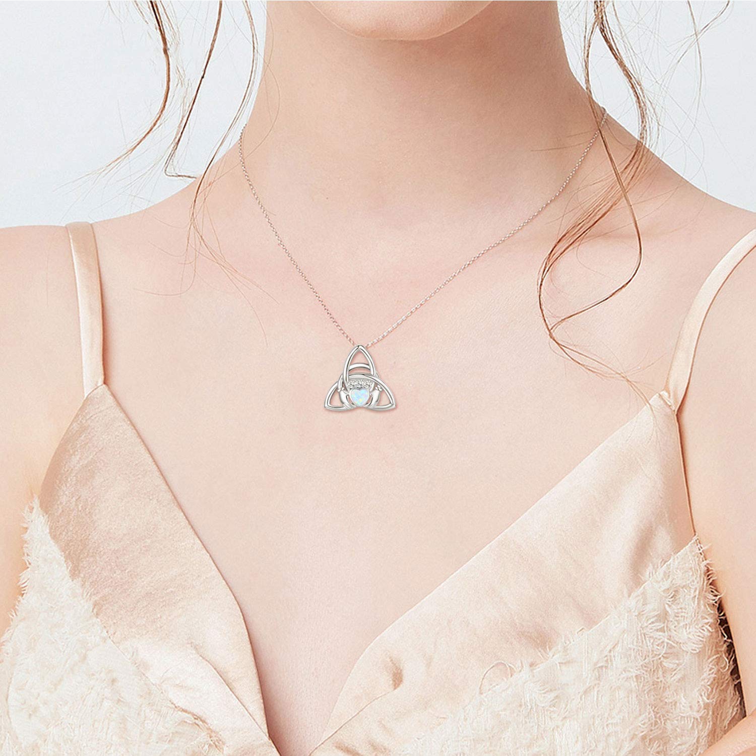 Celtic Knot Necklace for women 925 Sterling Silver Good Luck Irish Celtic Knot Trinity Knot Necklace Celtic Knot Moonstone Love Heart Pendant Necklace for Women Hands Holding Crown Heart Necklace for