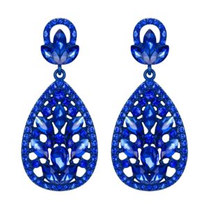 EleQueen Women's Wedding Bridal Austrian Crystal Bohemia Teardrop Chandelier Dangle Earrings Royal Blue Color Blue-Tone