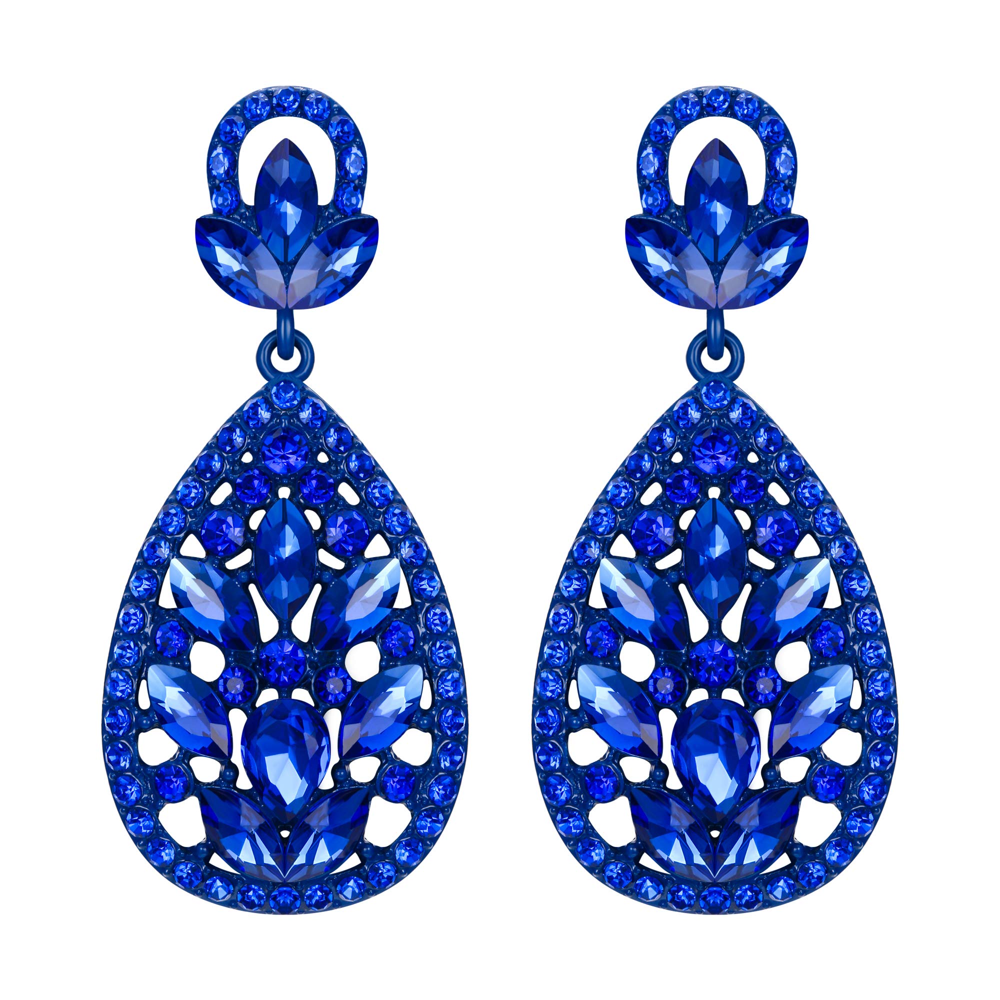 EleQueen Women's Wedding Bridal Austrian Crystal Bohemia Teardrop Chandelier Dangle Earrings Royal Blue Color Blue-Tone