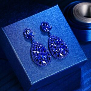 EleQueen Women's Wedding Bridal Austrian Crystal Bohemia Teardrop Chandelier Dangle Earrings Royal Blue Color Blue-Tone