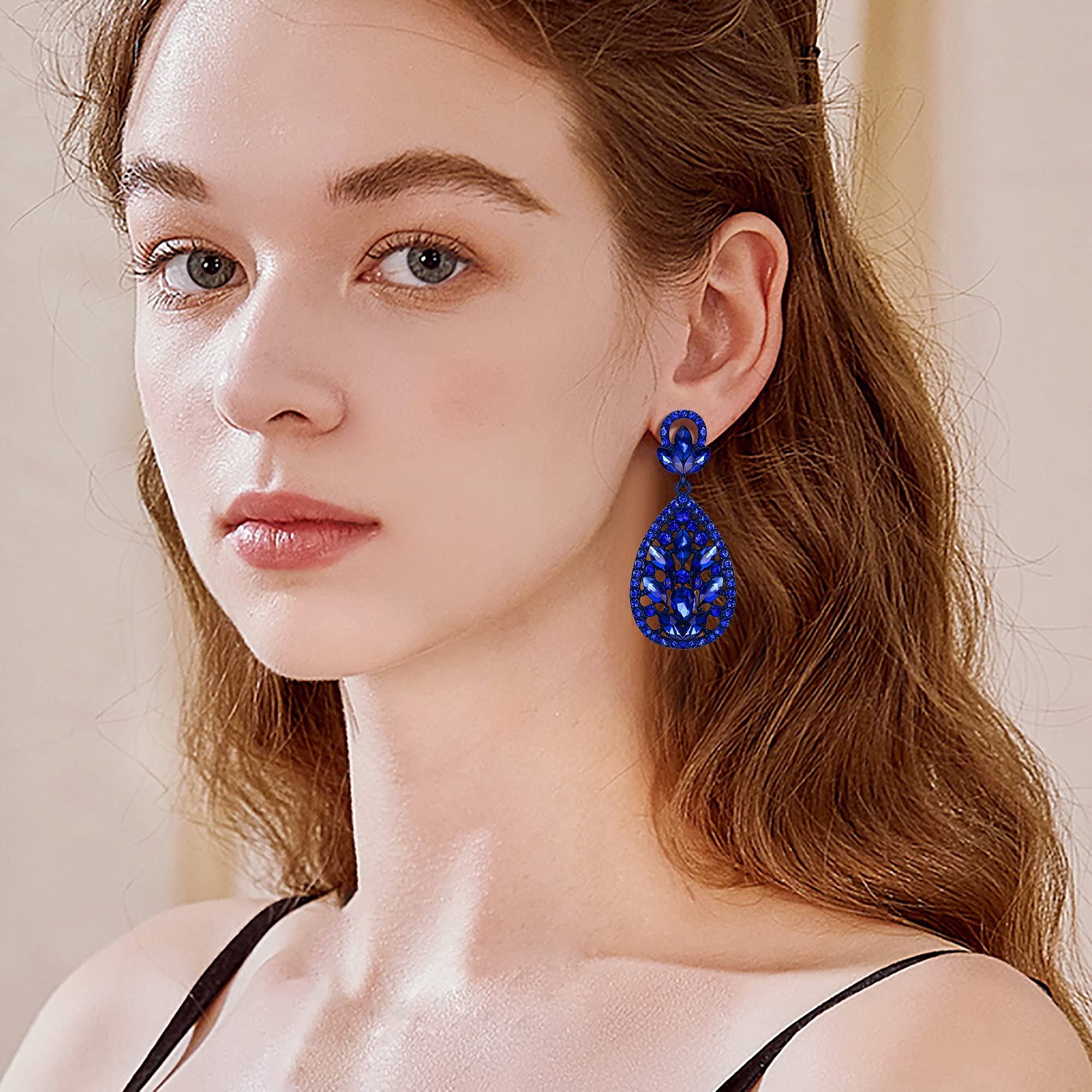 EleQueen Women's Wedding Bridal Austrian Crystal Bohemia Teardrop Chandelier Dangle Earrings Royal Blue Color Blue-Tone