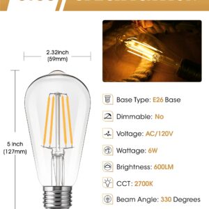 DORESshop Vintage LED Edison Bulbs,Non-Dimmable, 6W Warm Light Bulbs 60 Watt Equivalent,2700K Warm White, ST58 Antique LED Filament Bulbs,E26 Medium Base,Clear Glass,4 Pack