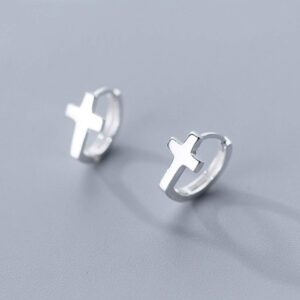 Cross Criss Sterling Silver Tiny Sleeper Hoop Earrings for Women Girls Minimalist Faith Hope Small Cartilage Tragus Huggie Hoops Cuffs Studs (Silver)