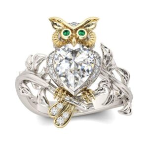 Jeulia 3 Carat Owl Rings Women Two Tone Pear Cut Cubic Zirconia Engagement Ring 925 Sterling Silver Wedding Rings CZ Solitaire Rings Anniversary Promise Romantic Gift (9.5)