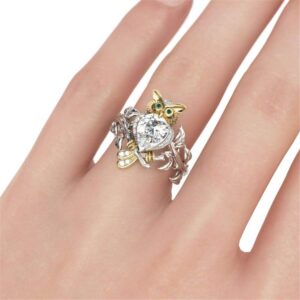 Jeulia 3 Carat Owl Rings Women Two Tone Pear Cut Cubic Zirconia Engagement Ring 925 Sterling Silver Wedding Rings CZ Solitaire Rings Anniversary Promise Romantic Gift (9.5)