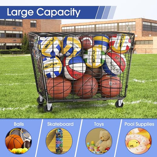 Mythinglogic Rolling Sports Ball Storage Cart, Sports Lockable Ball Storage Locker with Elastic Straps, Stackable Ball Cage for Garage Storage Garage Organizer (Large Set)