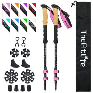 thefitlife carbon fiber trekking poles – collapsible and telescopic walking sticks with natural cork handle and extended eva grips, ultralight nordic hiking poles for backpacking camping (pink)