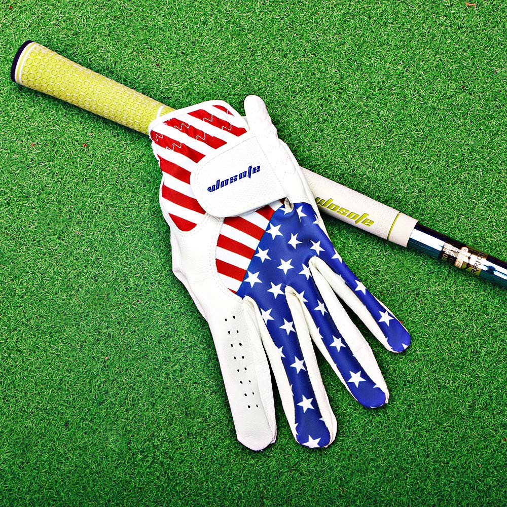 wosofe Golf Gloves Men's Left Hand Cabretta Leather with Score Counter USA Flag White Soft Breathable Professional Mini