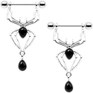 body candy 14g womens nipplerings piercing 316l steel 2pc black accent spider dangle nipple ring set 9/16"