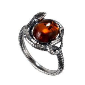 HolidayGiftShops GIA Certified Sterling Silver and Baltic Honey Amber Snake Adult Ring- size 9