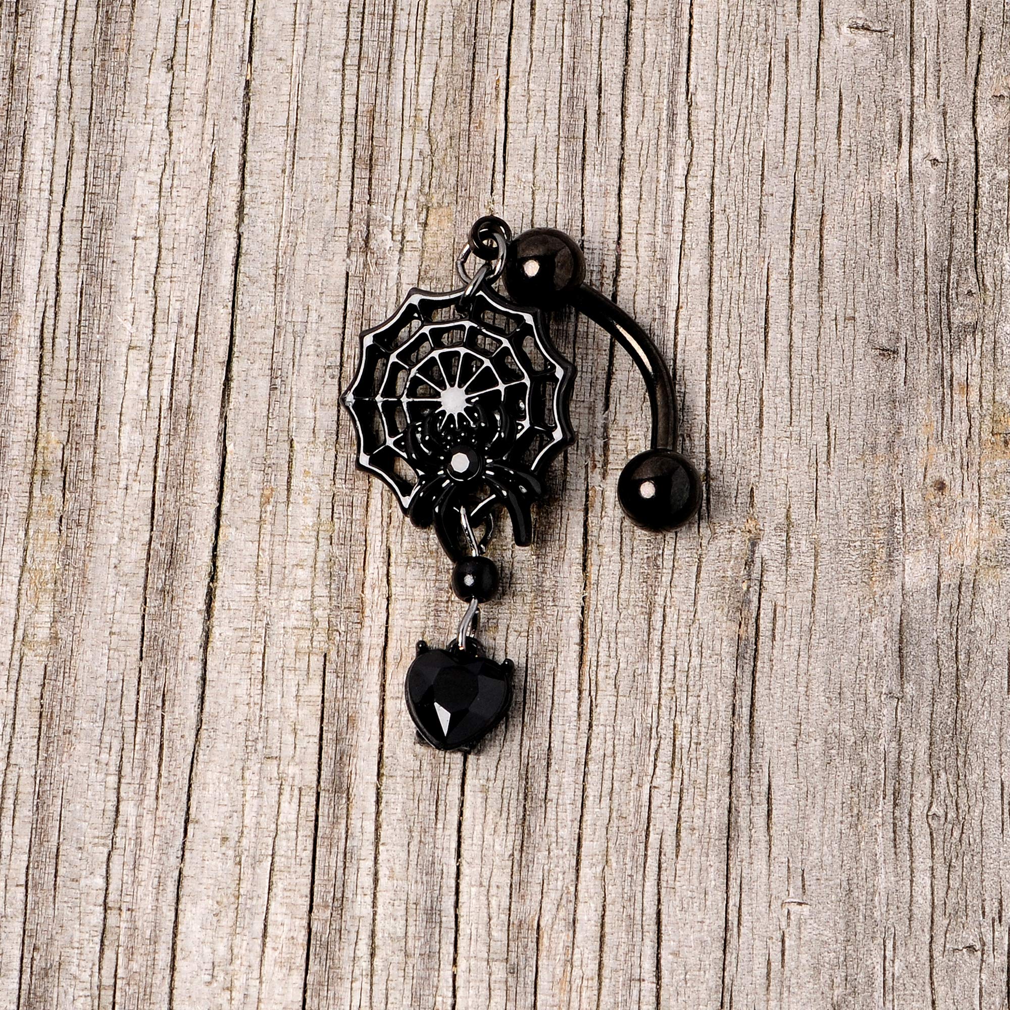 Body Candy Black Plated Steel Navel Ring Piercing Black Heart Spiderweb Reversible Dangle Belly Button Ring