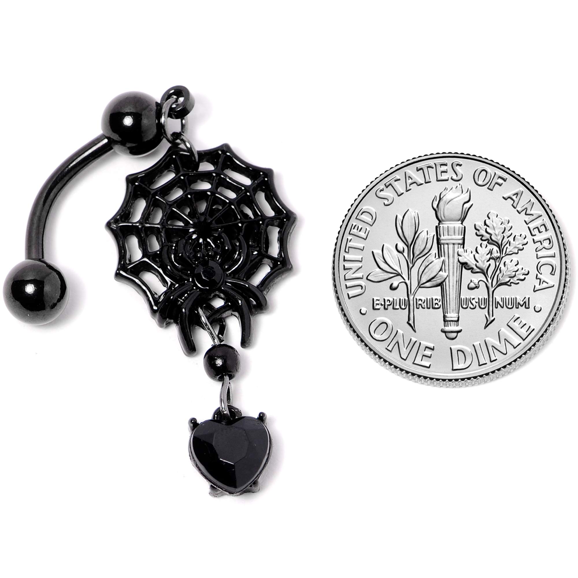 Body Candy Black Plated Steel Navel Ring Piercing Black Heart Spiderweb Reversible Dangle Belly Button Ring