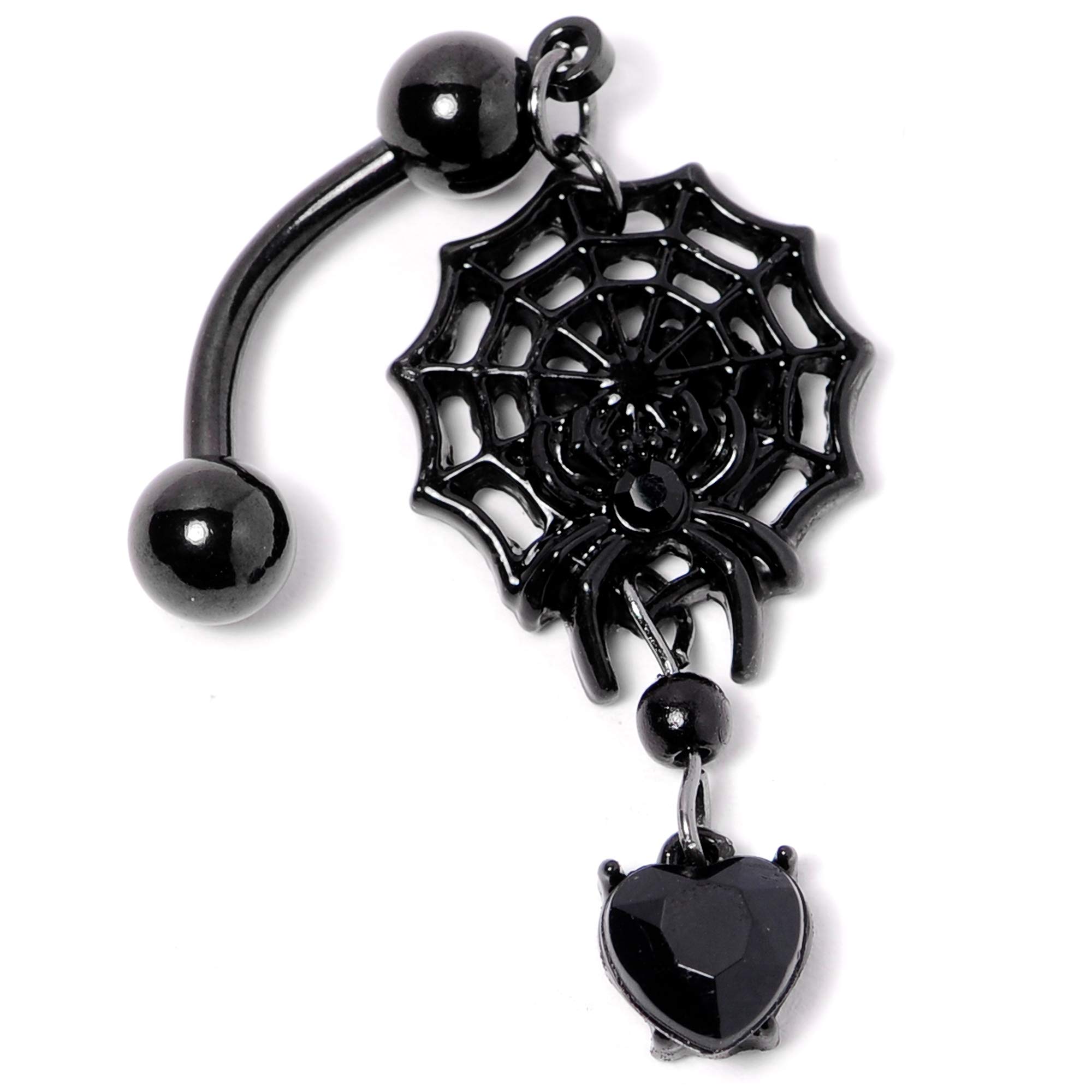 Body Candy Black Plated Steel Navel Ring Piercing Black Heart Spiderweb Reversible Dangle Belly Button Ring