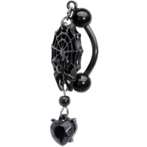 Body Candy Black Plated Steel Navel Ring Piercing Black Heart Spiderweb Reversible Dangle Belly Button Ring