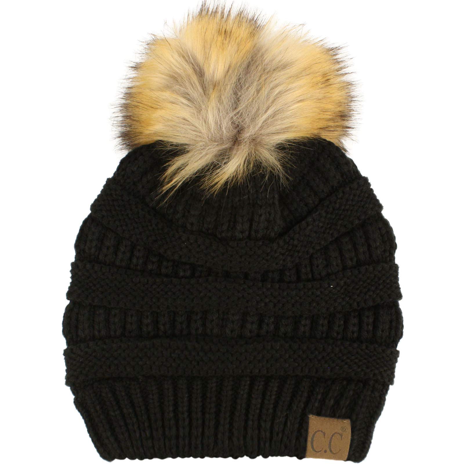 CC Fur Pom Winter Fall Trendy Chunky Stretchy Cable Knit Beanie Hat, Solid Black, One Size