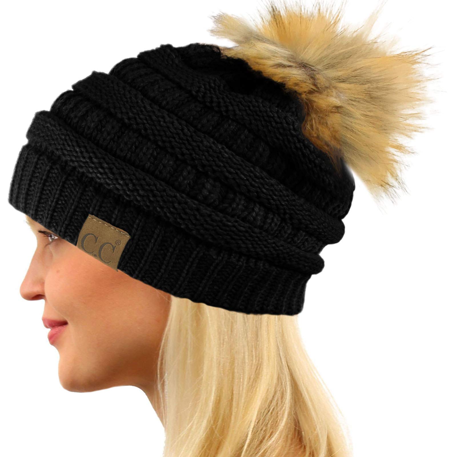 CC Fur Pom Winter Fall Trendy Chunky Stretchy Cable Knit Beanie Hat, Solid Black, One Size