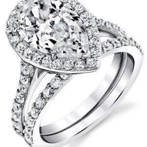 3CT Teardrop Pear Shape Solitaire AAA CZ Engagement Ring Bridal Set in 2 piece Sterling Silver 925