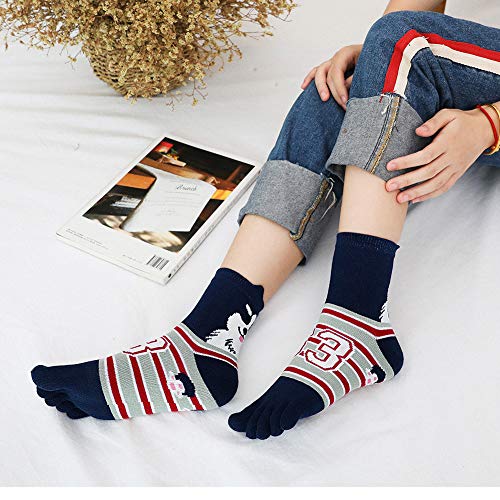 Hellomamma Women's Toe Sock Cute Cat Dog Ankle Sock Cotton Athletic Running Five Finger Socks for Girls (5 Pairs)