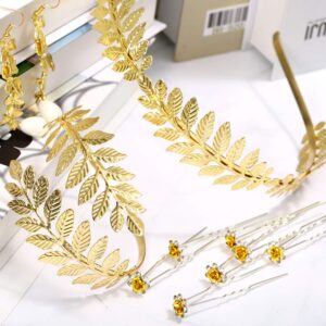 WILLBOND 15 Pieces Greek Goddess Costume Accessories Women Toga Golden Leaves Bridal Crown Headband Bracelet Pearl Earrings and Hair Pins (Classic Style)