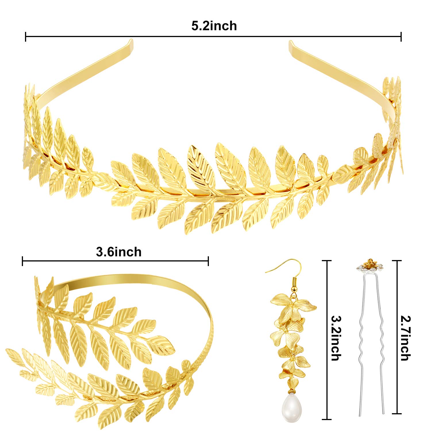 WILLBOND 15 Pieces Greek Goddess Costume Accessories Women Toga Golden Leaves Bridal Crown Headband Bracelet Pearl Earrings and Hair Pins (Classic Style)