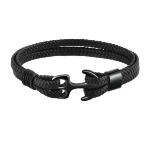 emibele bracelet for women, sturdy cowhide leather bracelet, multilayer vintage anchor bracelet wrap cuff - black with black anchor