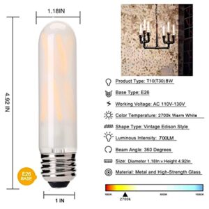 Dimmable 8W Led Edison Frost Tubular Bulb,2700k Warm White, T10/T30 Vintage Filament LED Light Bulb 75W Equivalent,E26 Base Frosted Glass Cover, 700 Lumens,Pack of 6