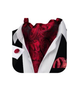 barry.wang men ascot tie set cravat paisley red silk scarf self necktie handkerchief cufflinks formal wedding party prom