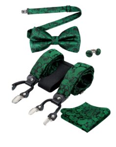 alizeal mens paisley suspender and bowtie, hanky, cufflinks-dark green