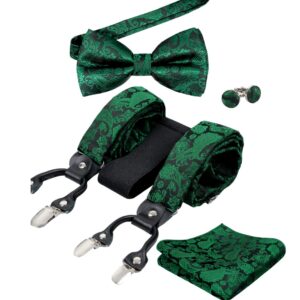 Alizeal Mens Paisley Suspender and Bowtie, Hanky, Cufflinks-Dark Green