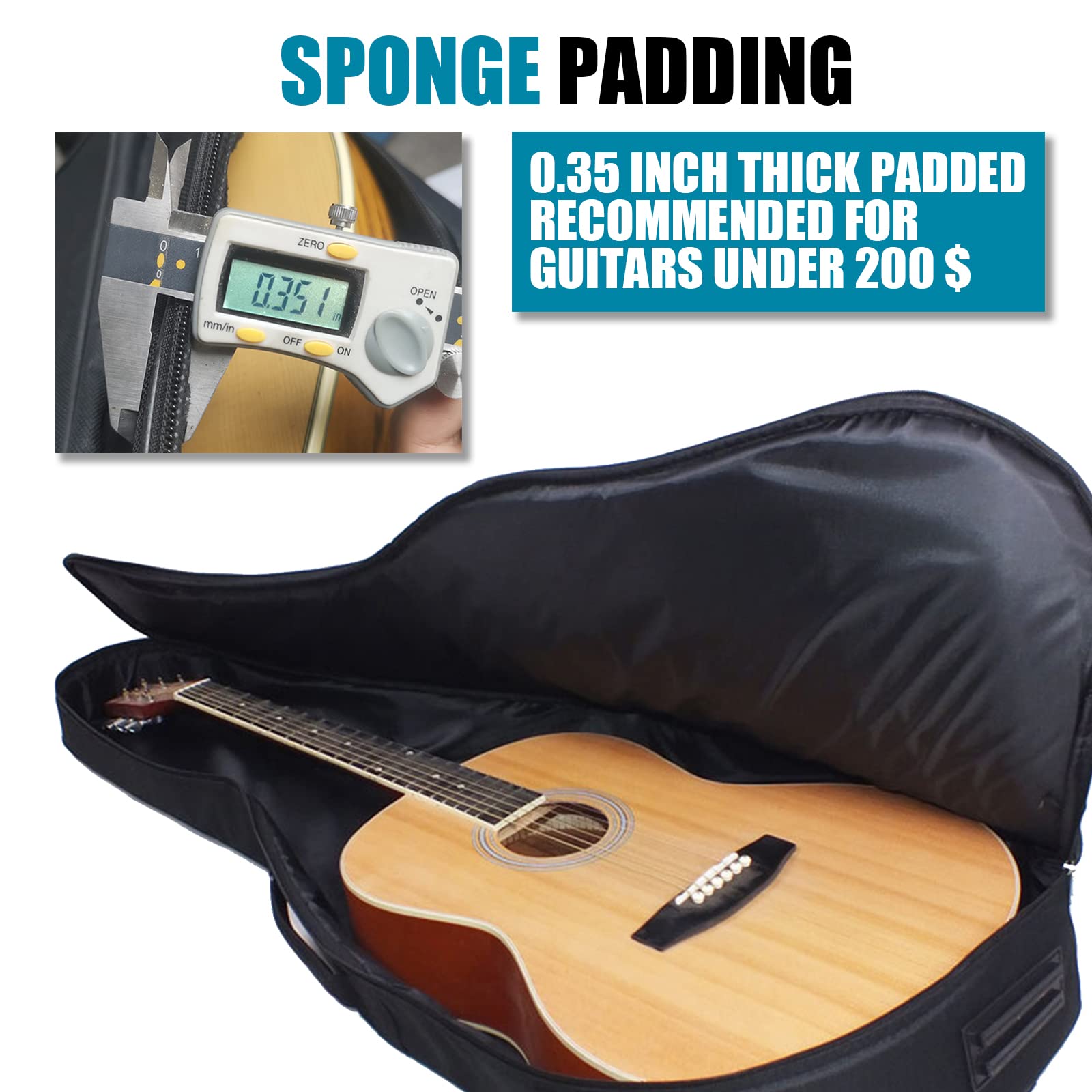 GLEAM Acoustic Guitar Gig Bag - 0.35 Inch Sponge Padding Fit 39-41 Inch Guitar Waterproof Black