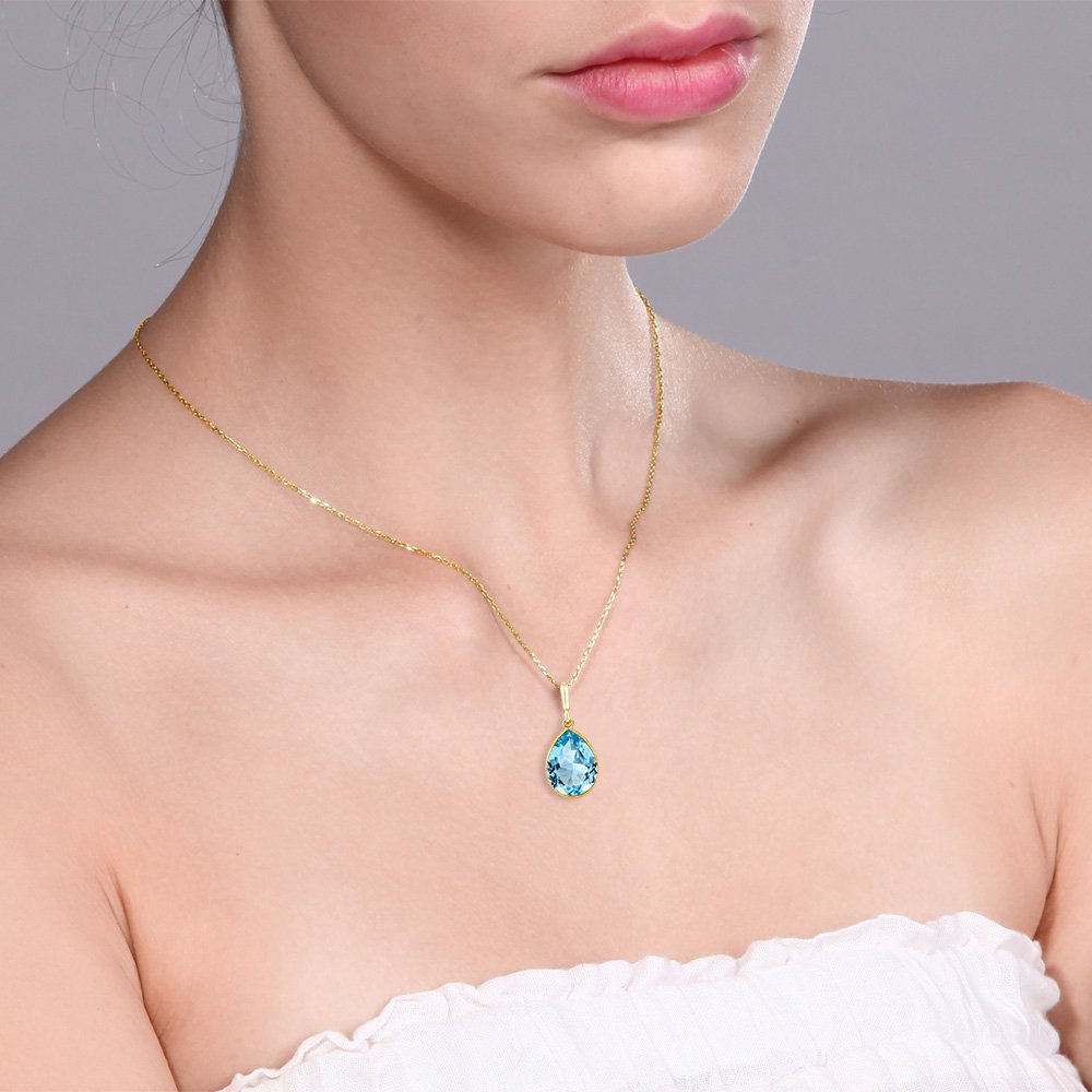 Gem Stone King 8.00 Cttw 14K Yellow Gold Blue Topaz Pendant Necklace | Pear Shape 16X12MM | Gemstone Birthstone | Gold Necklace for Women | With 18 Inch Chain