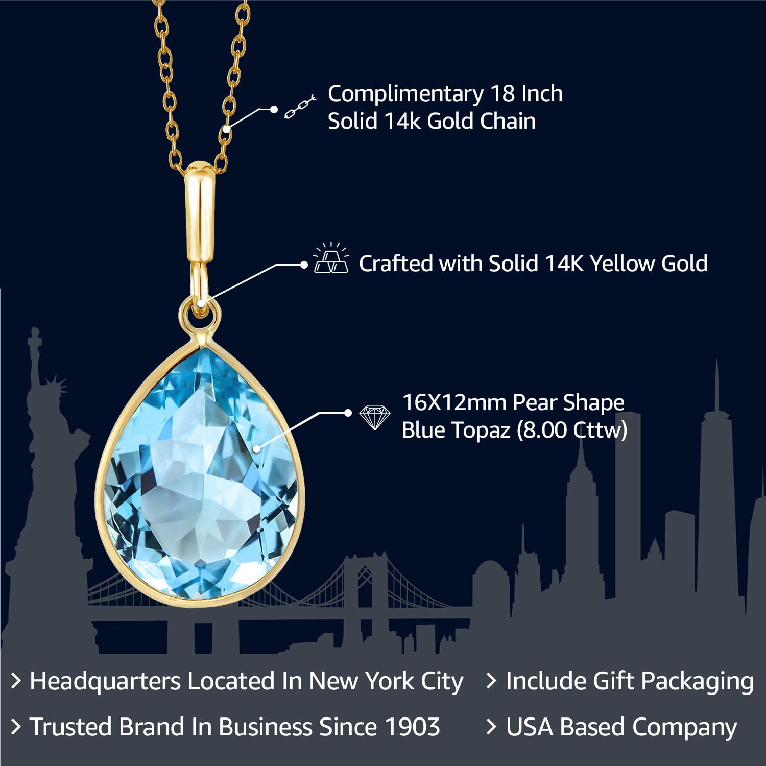 Gem Stone King 8.00 Cttw 14K Yellow Gold Blue Topaz Pendant Necklace | Pear Shape 16X12MM | Gemstone Birthstone | Gold Necklace for Women | With 18 Inch Chain