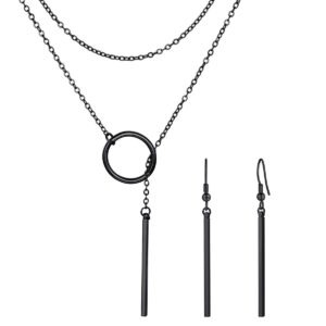 focalook black necklace earrings set for women long black lariat chain with drop vertical bar earrings jewelry set