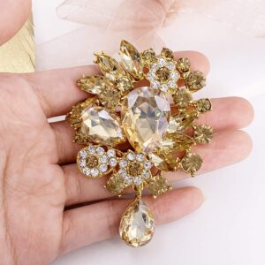 LAXPICOL Vintage Wedding Bridal Big Clear Champagne Crystal Rhinestone Tear Drop Brooch Pin for Women