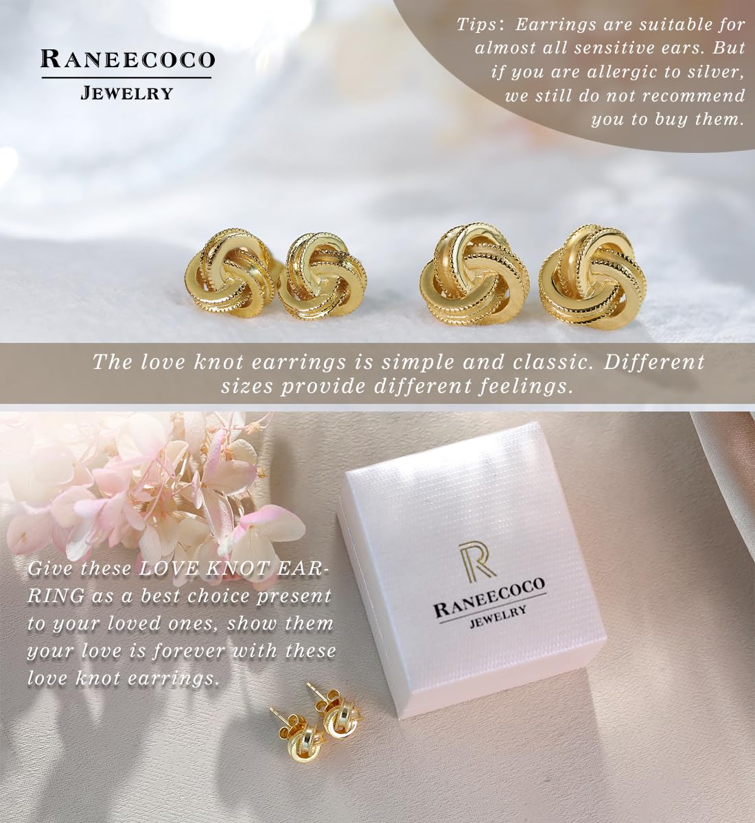 Gold Plated Sterling Silver Studs Love Knot Earrings For Women | Hypoallergenic & Nickle Free Jewelry for Sensitive Ears (10, white-gold-plated-silver)