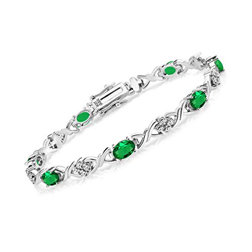 Gem Stone King 3.20 Cttw 925 Sterling Silver Green Nano Emerald Tennis Bracelet For Women | Gemstone May Birthstone | Oval 6X4MM | 7 Inch