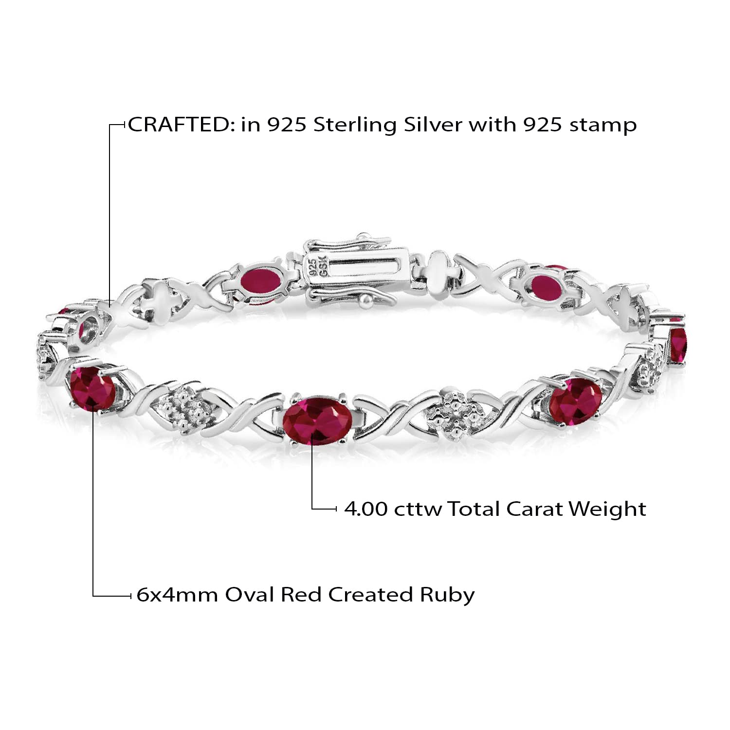 Gem Stone King 925 Sterling Silver Red Created Ruby Tennis Bracelet For Women (4.00 Cttw, Gemstone July Birthstone, Oval 6X4MM, 7 Inch)