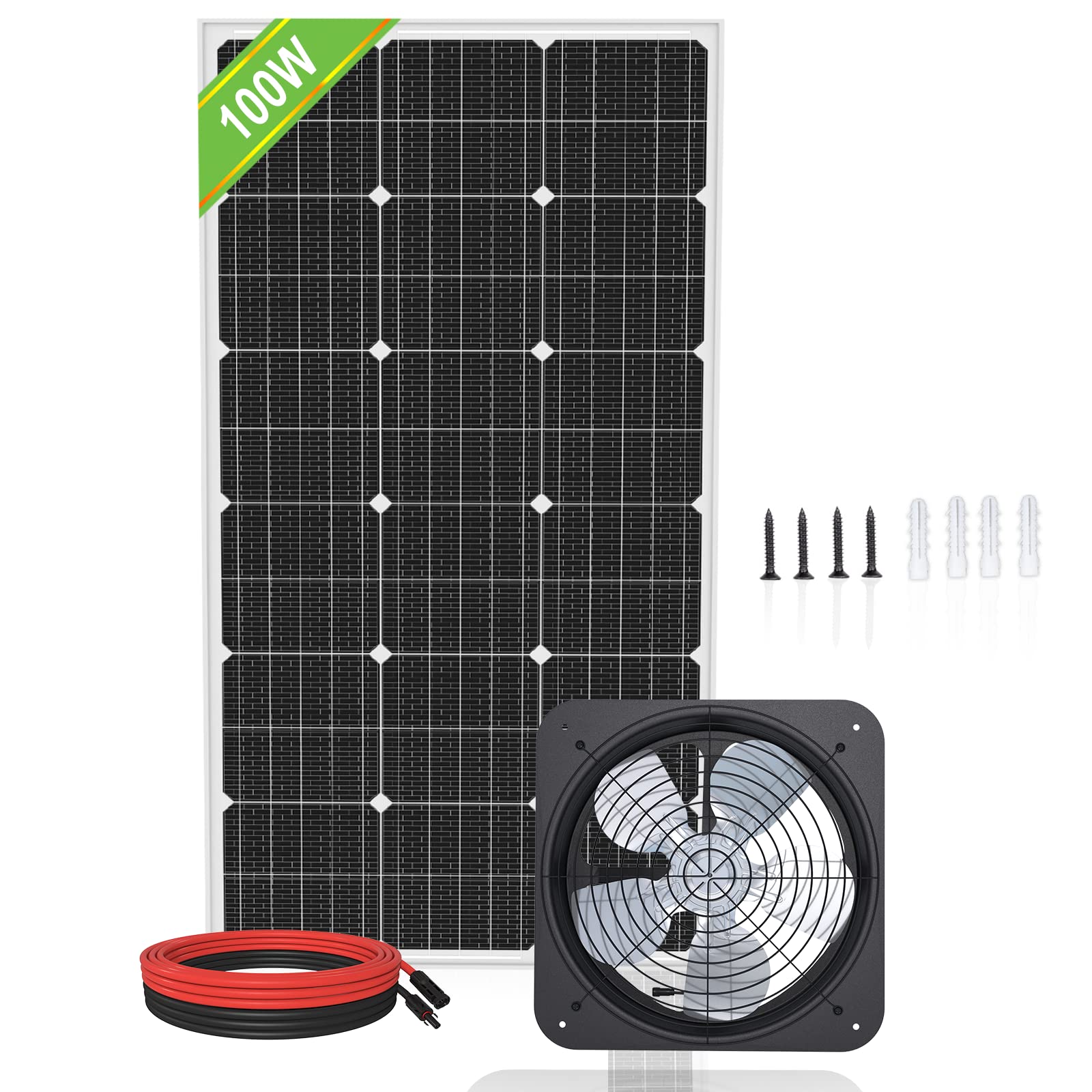 Pumplus MAX 2000CFM Solar Attic Fan All-in-one Kit, Powered by 100W Solar Panel, 14in Hosing Fan for Attic, Barn, Bullpen- DELIVERY IN 2 PARCELS