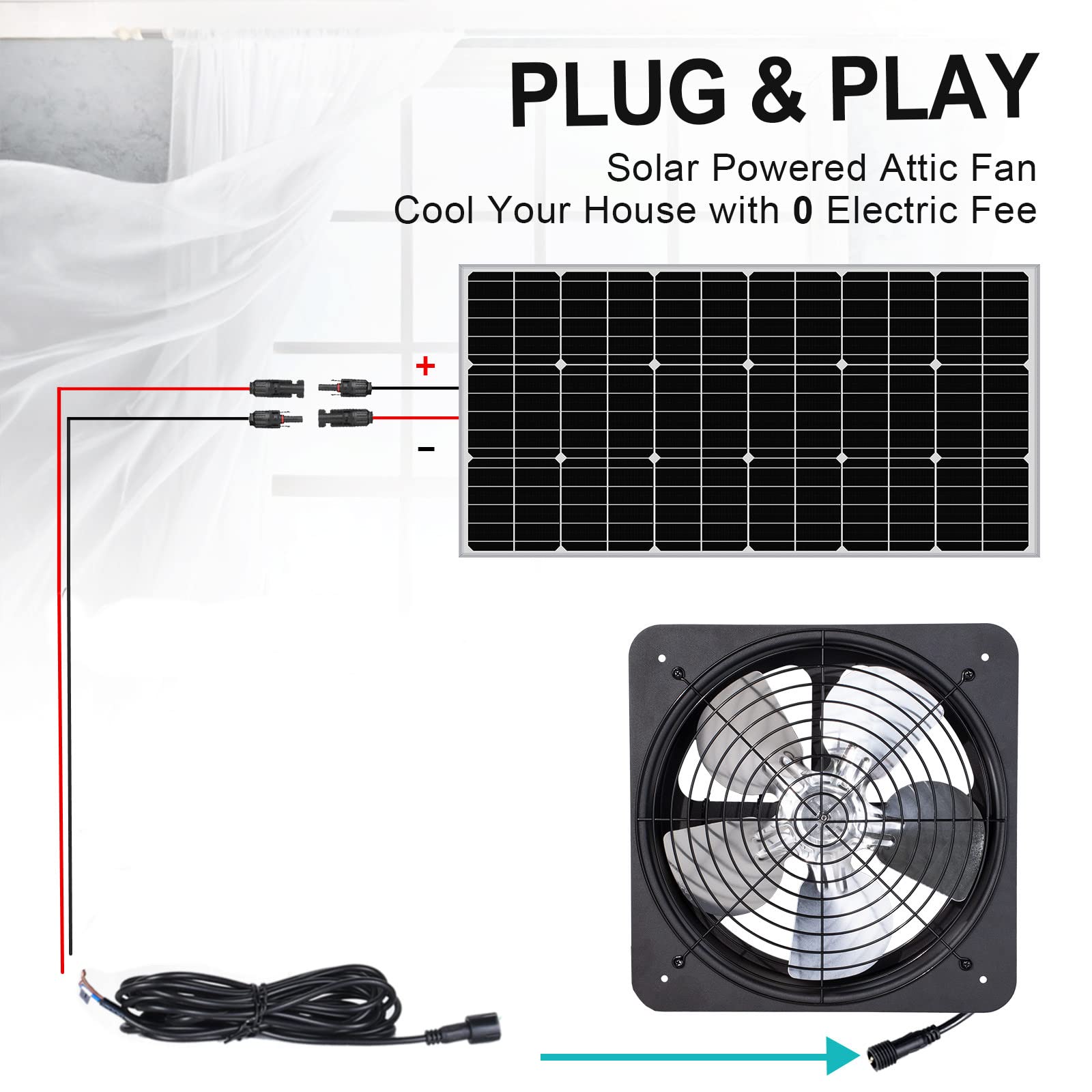 Pumplus MAX 2000CFM Solar Attic Fan All-in-one Kit, Powered by 100W Solar Panel, 14in Hosing Fan for Attic, Barn, Bullpen- DELIVERY IN 2 PARCELS