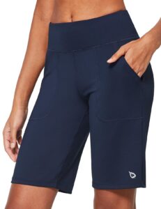 baleaf women's bermuda shorts long athletic shorts high waisted 10" for running walking gym quick dry navy size l