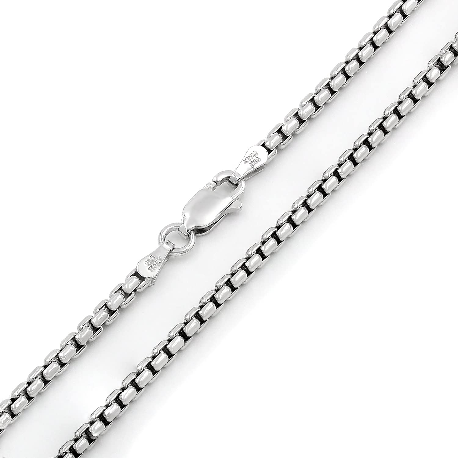 Giorgio Bergamo 925 Sterling Silver Italian 2.5mm Round Box Chain, Solid Rolo Link Rhodium Necklace, (20)