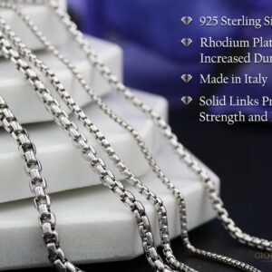 Giorgio Bergamo 925 Sterling Silver Italian 2.5mm Round Box Chain, Solid Rolo Link Rhodium Necklace, (20)