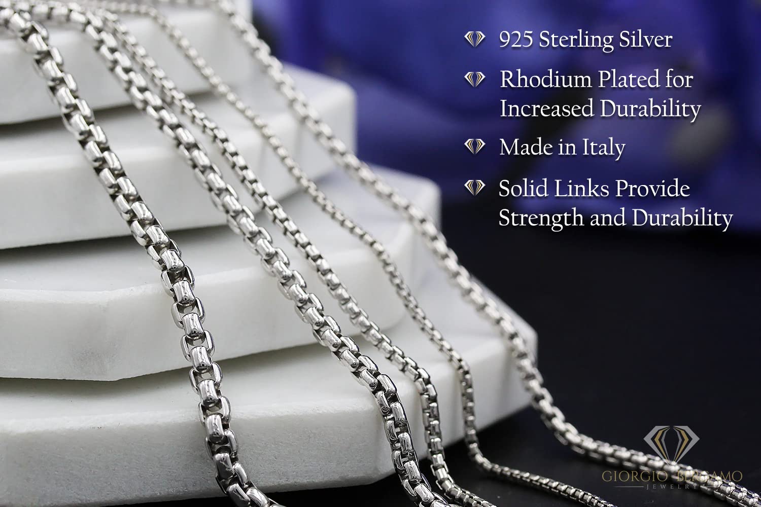 Giorgio Bergamo 925 Sterling Silver Italian 2.5mm Round Box Chain, Solid Rolo Link Rhodium Necklace, (20)