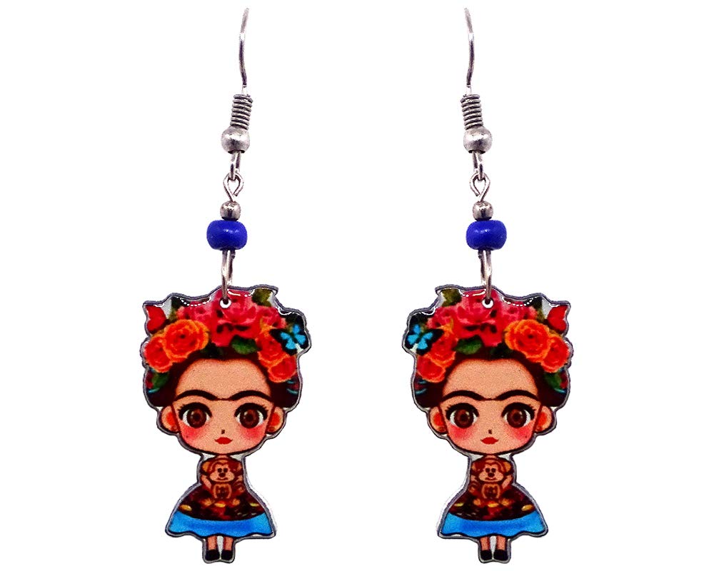 Frida Inspired Cartoon Doll Mexican Artist Graphic Dangle Earrings - Womens Fashion Handmade Jewelry Boho Accessories (Peach/Orange/Light-Blue)