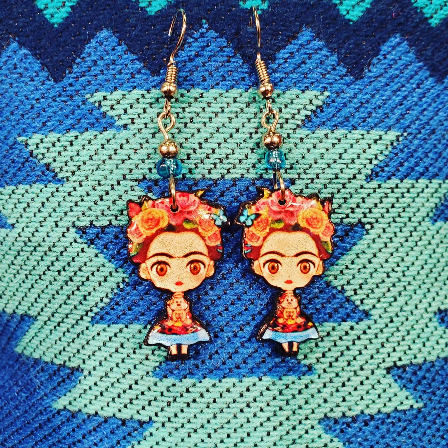 Frida Inspired Cartoon Doll Mexican Artist Graphic Dangle Earrings - Womens Fashion Handmade Jewelry Boho Accessories (Peach/Orange/Light-Blue)